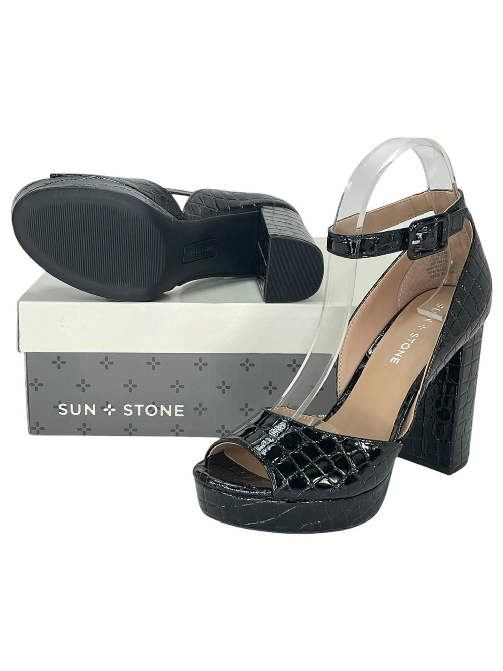 Sun + Stone Reemaa Black Croco Patent Leather Womens Heels Size 7.5M - Picture 11 of 12